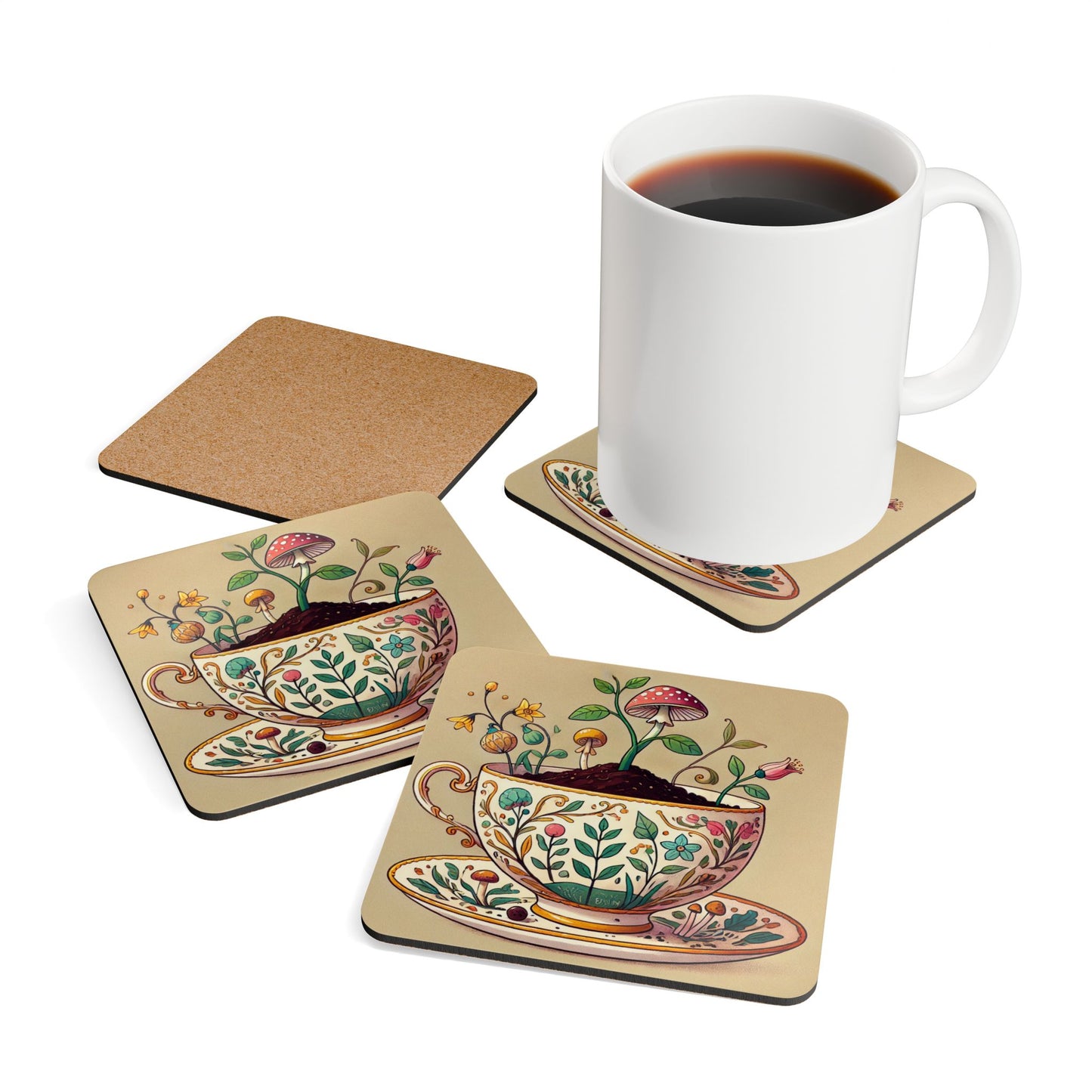 Blooming Teacup Garden Corkboard Coaster Set| Amity in Bloom Original Design