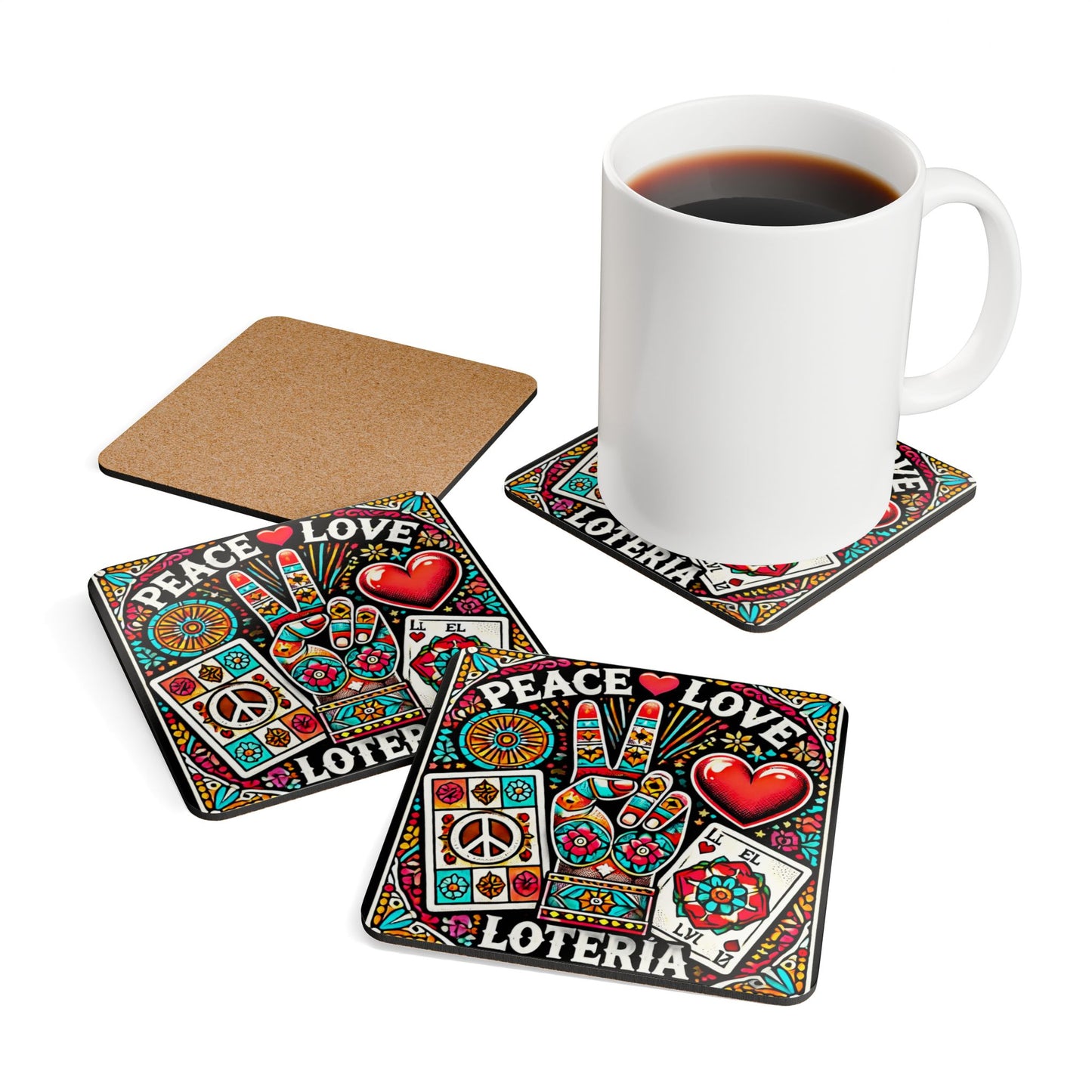 Peace, Love & Loteria Corkboard Coaster Set | Amity in Bloom Original Design