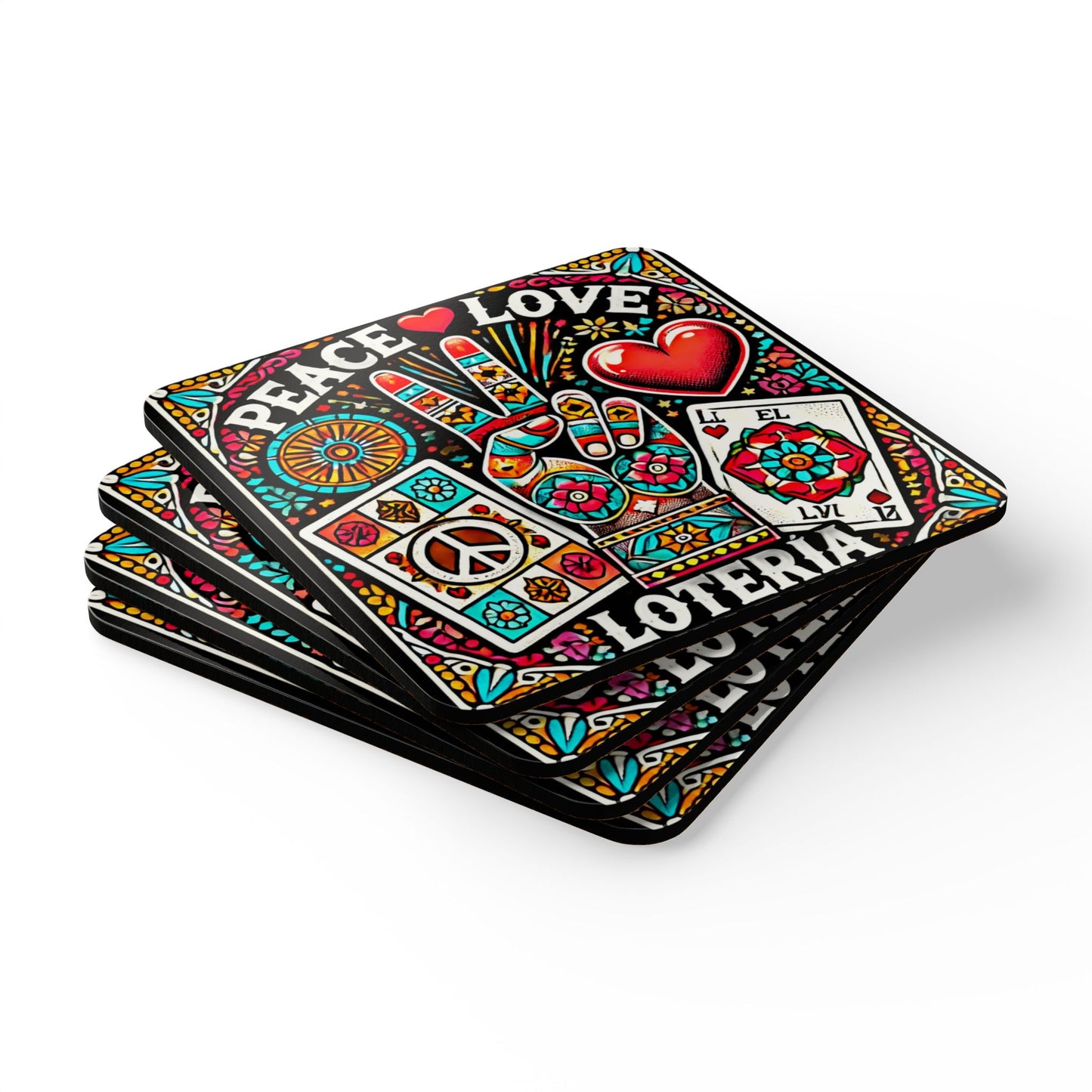 Peace, Love & Loteria Corkboard Coaster Set | Amity in Bloom Original Design