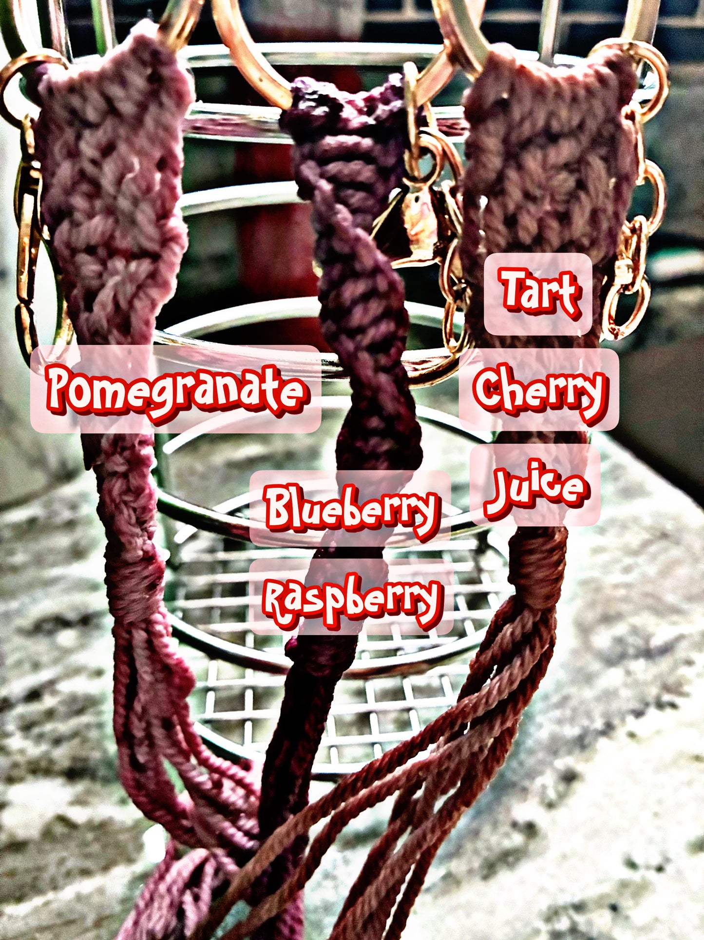 🍒 Berry Knot Keychain Trio – Hand-Dyed Macramé