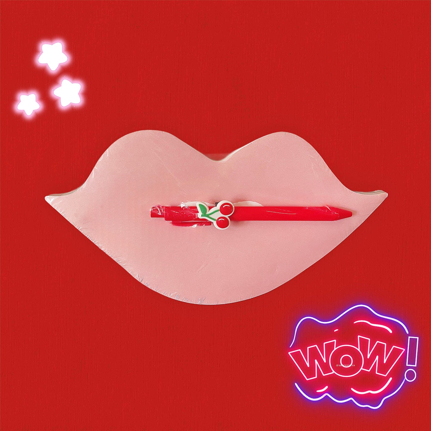 Pink Lips Notepad Set with Cherry Clip