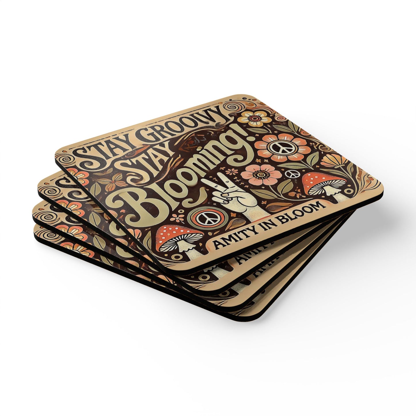 Stay Groovy, Stay Blooming Corkboard Coaster Set | Amity in Bloom Original Design