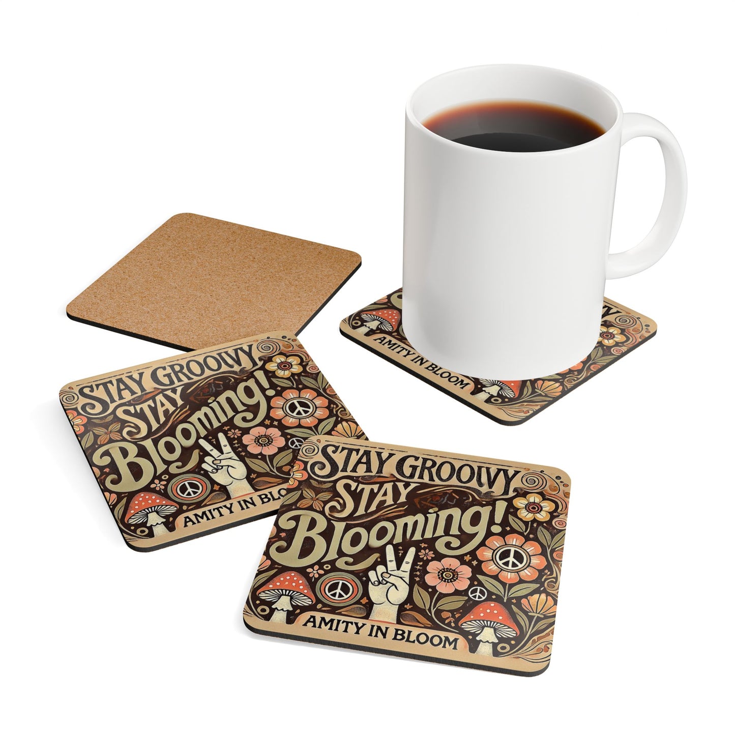 Stay Groovy, Stay Blooming Corkboard Coaster Set | Amity in Bloom Original Design